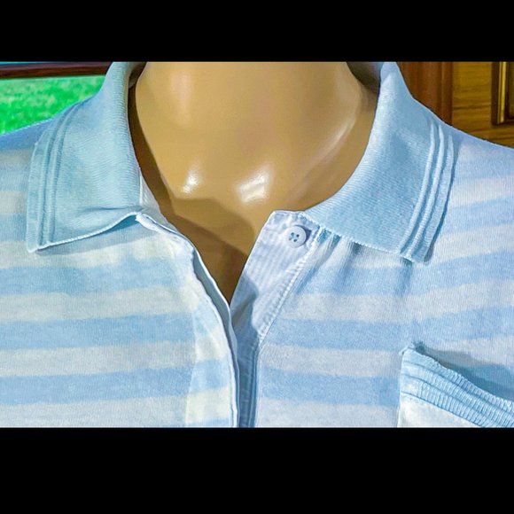 ▪️VTG▪️TANGIERS▪️1990's White & Baby Blue Stripe Cotton Crop Polo Shirt Top - Picture 3 of 12